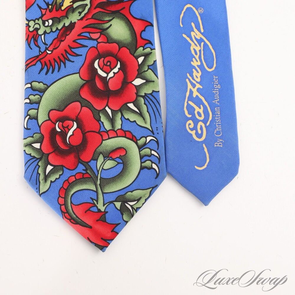 ED HARDY SAPPHIRE BLUE ALLOVER DRAGON SCROLLWORK TATTOO PRINT MENS TIE